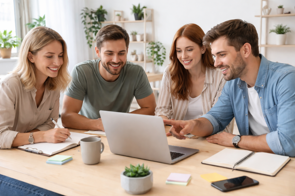Billede til 'Om os', der viser et lille redaktionelt team i uformelt møde i et lyst kontor, med laptops, noter og idéudvikling. Skal give indtryk af et engageret, digitalt medieteam, ikke et stort corporate bureau.