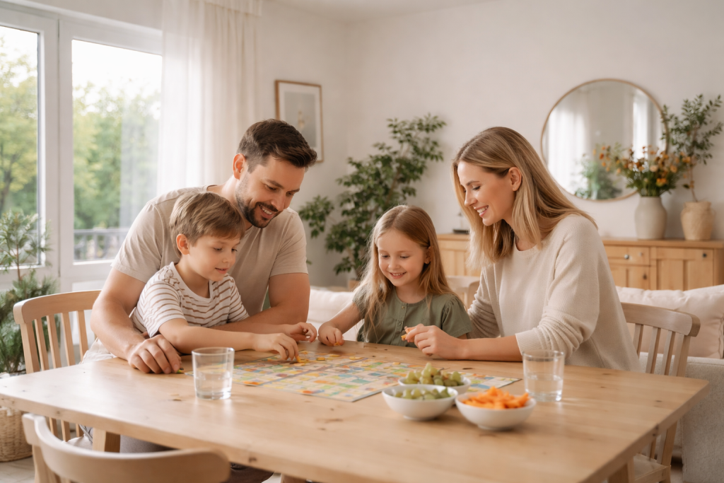 Bred stemningsscene, der indfanger moderne familieliv: en familie på 3–4 personer samles omkring spisebordet til et afslappet måltid eller spil, med varme relationer og rolig, nordisk hverdag stemning.