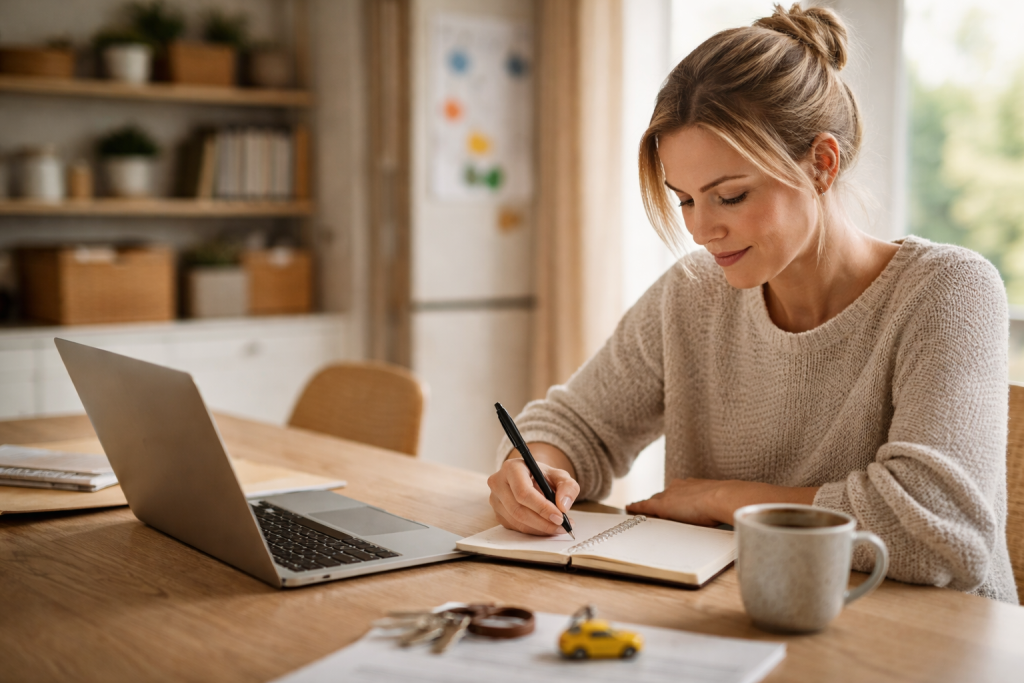 Standard blogheader, der kan bruges bredt til artikler om familieliv, planlægning og hverdagsvalg: et roligt øjeblik ved spisebordet, hvor en mor skriver noter i en notesbog med laptop, kaffe og lidt rod omkring.