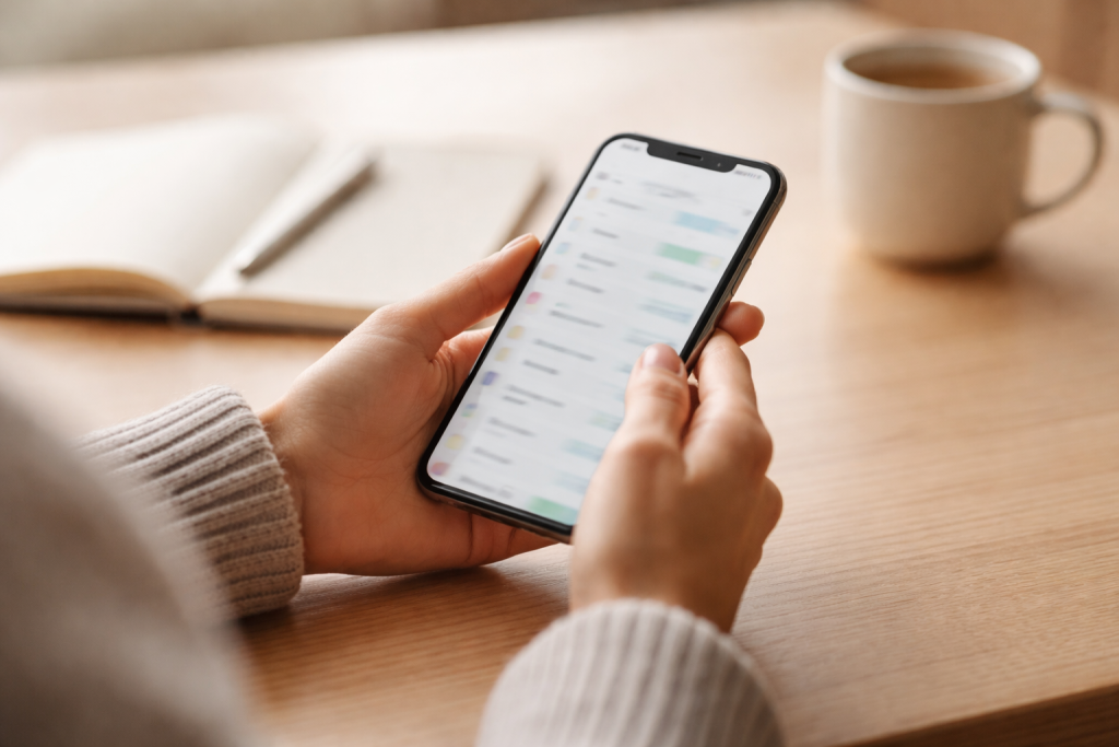 Detalje-shot til indholdssektioner: nærbillede af en hånd, der bruger en smartphone med åben kalender-, liste- eller budgetapp, som symbol på digitale værktøjer til smartere hverdagsliv.