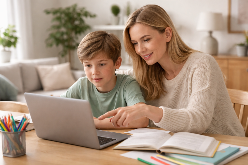 Illustration til sektion om guides og vejledning: mor, der sammen med sit barn læser på tablet/laptop ved spisebordet, som symbol på online guides, lektiehjælp og beslutningsstøtte.
