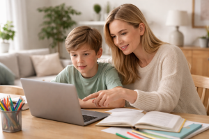 Illustration til sektion om guides og vejledning: mor, der sammen med sit barn læser på tablet/laptop ved spisebordet, som symbol på online guides, lektiehjælp og beslutningsstøtte.