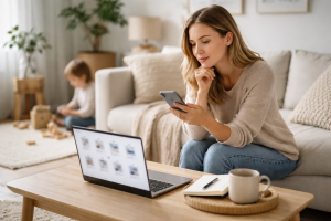 Illustration til sektion om produkt- og købsguides: en mor, der sidder i sofaen med laptop og smartphone og sammenligner produkter online, evt. med et barn i baggrunden, der leger – fokus på bevidst forbruger og online research.