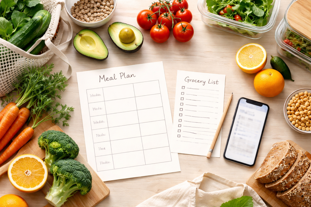 Illustration til sektion om hverdagstips og planlægning: et køkkenbord med madplan, indkøbsliste, sunde råvarer og en smartphone med åben note- eller kalenderapp – fokus på struktur, sundhed og hverdagsoptimering.