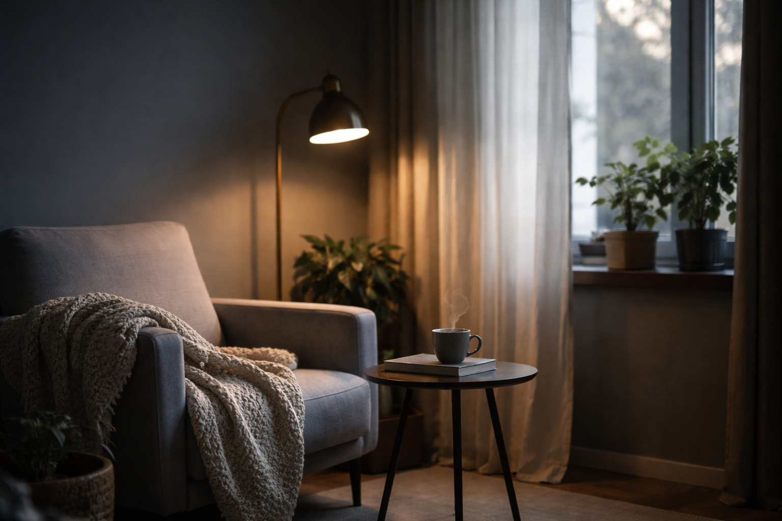 Baggrundsbillede til udtalelser/anmeldelser: blød, rolig stemning med et hyggeligt hjørne i hjemmet – fx en lænestol ved vindue med plaid, plante og dæmpet lys. Skal have god mørkere kontrast til hvid tekst.